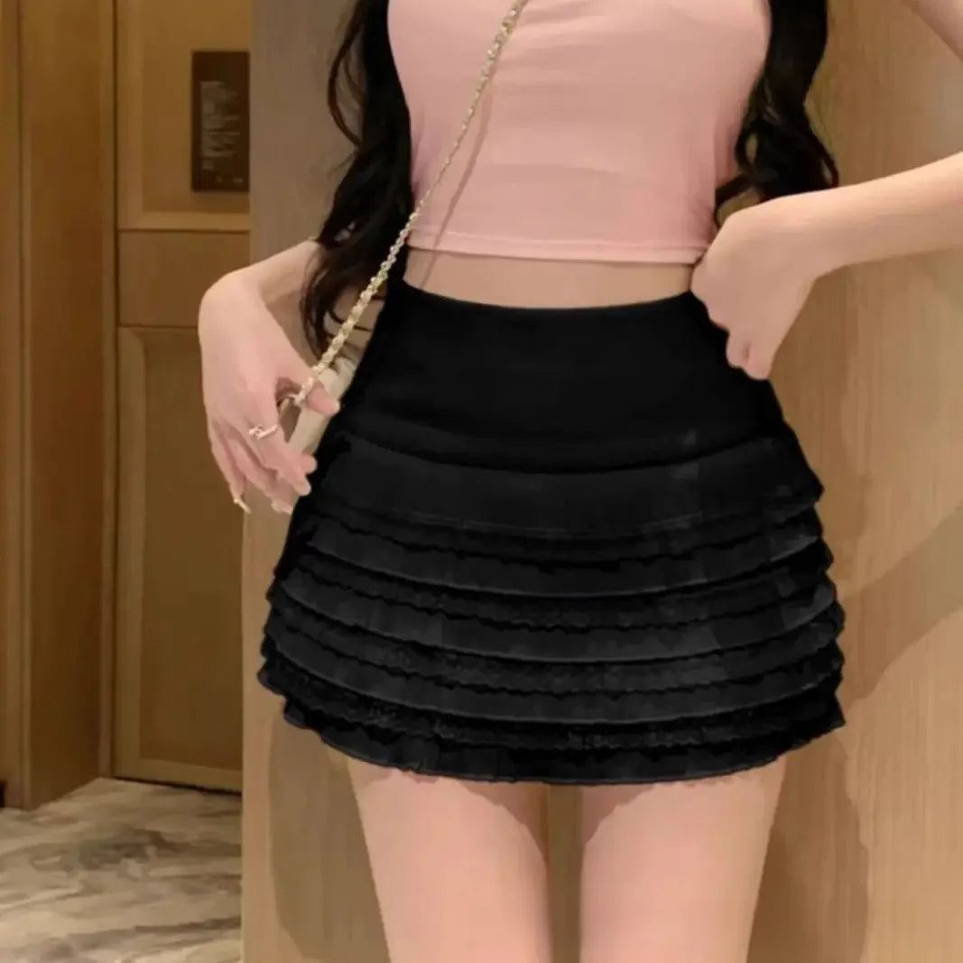 Sweet And Spicy Korean Style High Waist Pleated Mini Skirt Women's Summer New Fashion Lace Wrap around Short Skirt