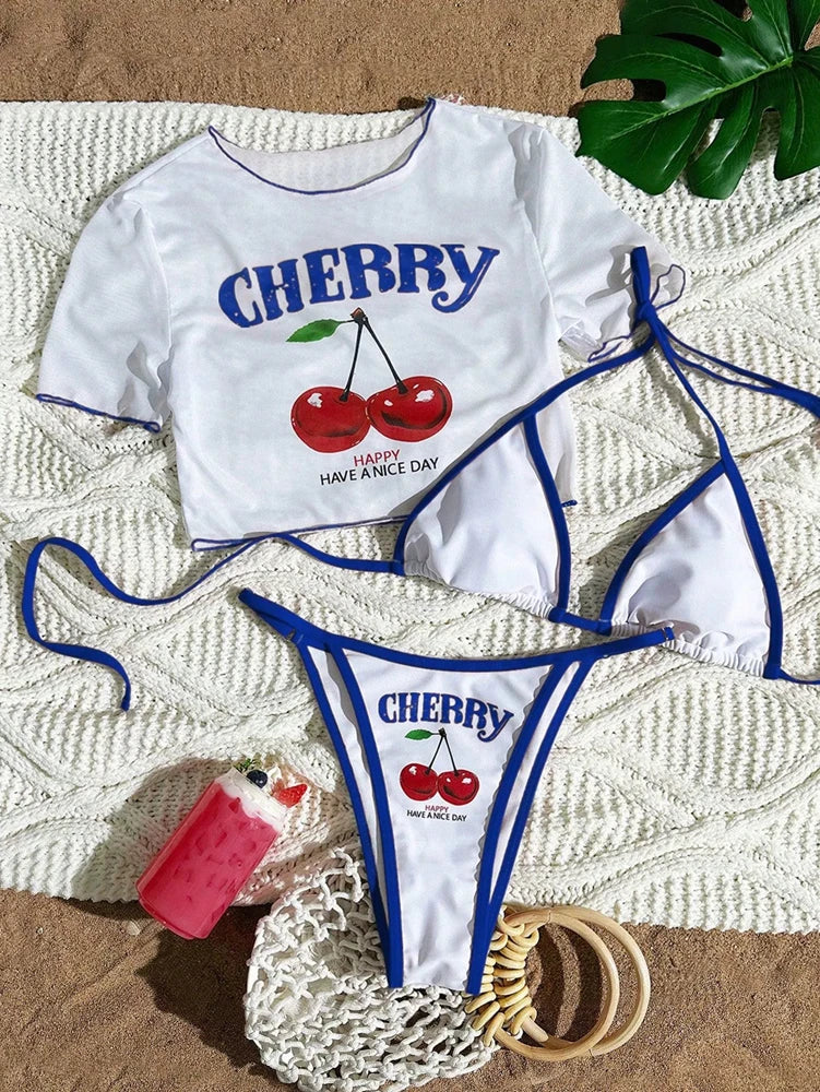 CHERRY Bikini 2026 New Sexy & Fresh Feeling Bathing Suit Three-Piece Swimsuit Print Beach Swimwear 7 Colors Size S-XL Available