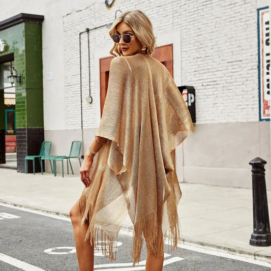 Swimsuit Cover-ups Fashion Tassel Gold Bikini Beach Cover Up Sexy Beach Dress Tunics for Women Summer Wear See Through