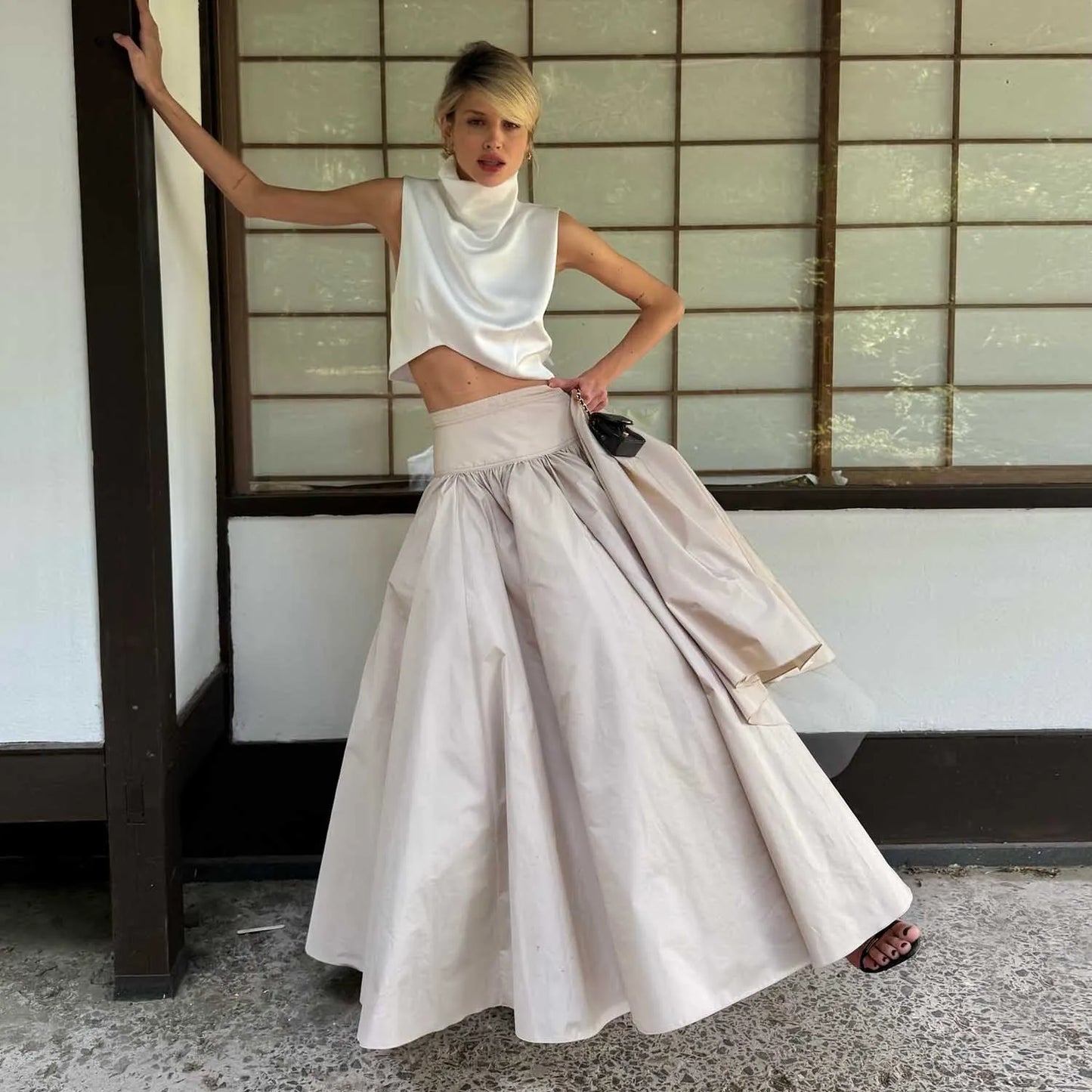 High Waist Khaki Taffeta Evening Maxi Skirt with Tulle Lining Ruffles Floor Length Women Prom Party Skirts Puffy Evening Gowns