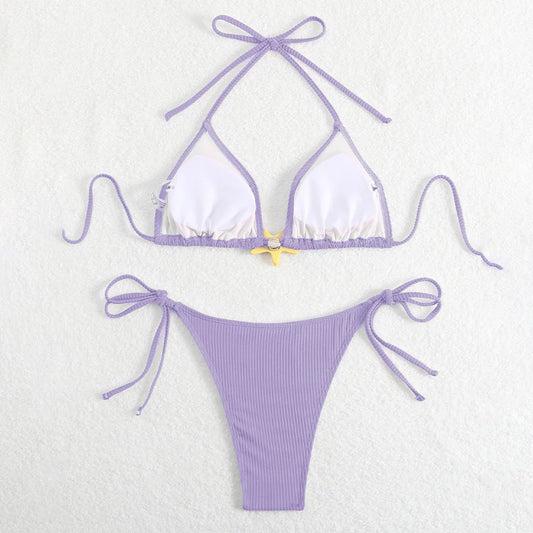 Women Swimsuits Separate Halter Bikinis Set With Chest Pad Solid Color With Starfish Beachwear Summer Vacation Two-Piece Sets