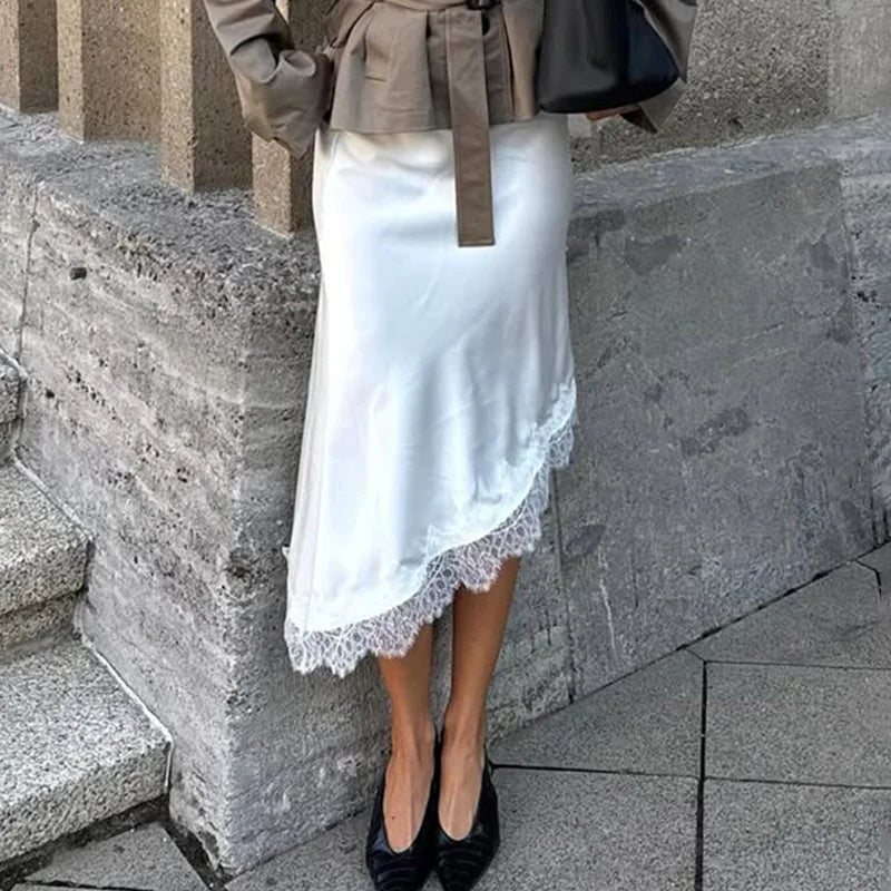 Talenza White Lace Skirts Women Fashion Irregular Lace Patchwork Slim Skirts High Waist Streetwear Party Looks Female Maxi Skirt