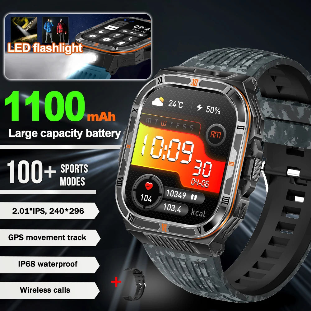 New 1100mAh Big Battery Smart Watch Men Outdoor Compass Bluetooth Call IP68 Waterproof Sports 2.01 Inch Flashlight Smart Watch