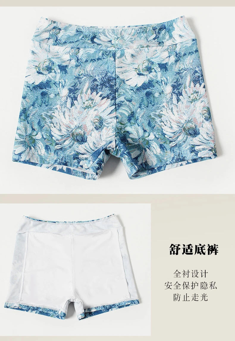 Swimsuit 4 Pieces Bikini Sets Women Swimwear Printed Underwired Mesh Long Sleeve Cover Up High Waist Shorts Headband 2023 New