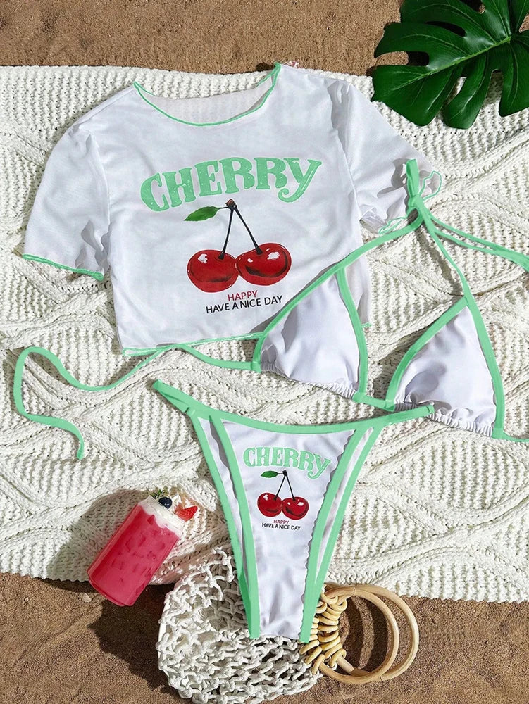 CHERRY Bikini 2026 New Sexy & Fresh Feeling Bathing Suit Three-Piece Swimsuit Print Beach Swimwear 7 Colors Size S-XL Available