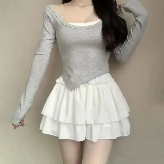 Summer Kawaii Pleated A-Line Skirt for Women White Ruffle Tiered Sweet Style Elastic Waist Summer Slim Korean Harajuku Dress