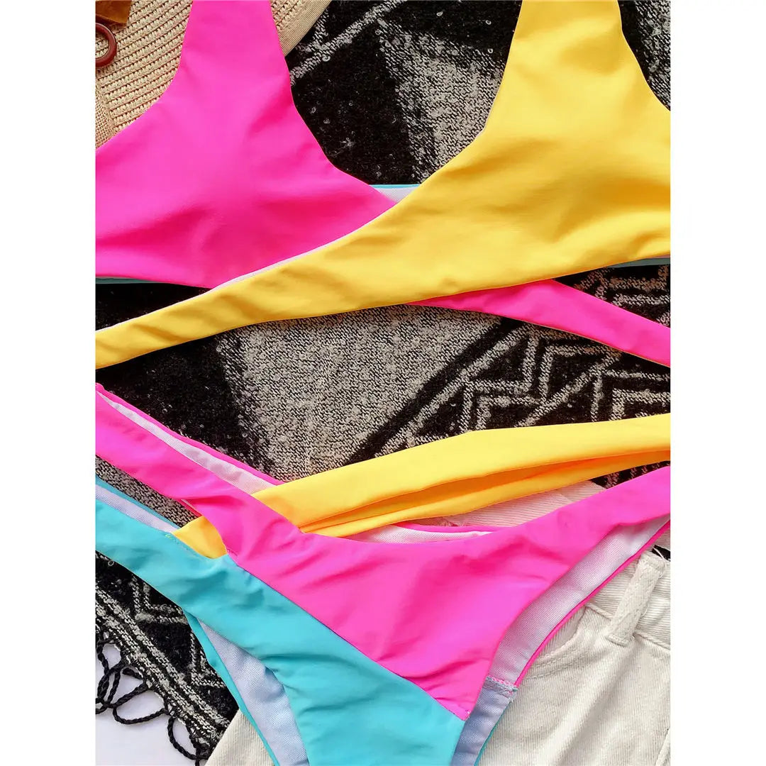 S -XL Splicing Bikini Female Swimsuit Women Swimwear Two-piece Bikini set Asymmetric Mid Waist Bather Bathing Suit Swim V2423