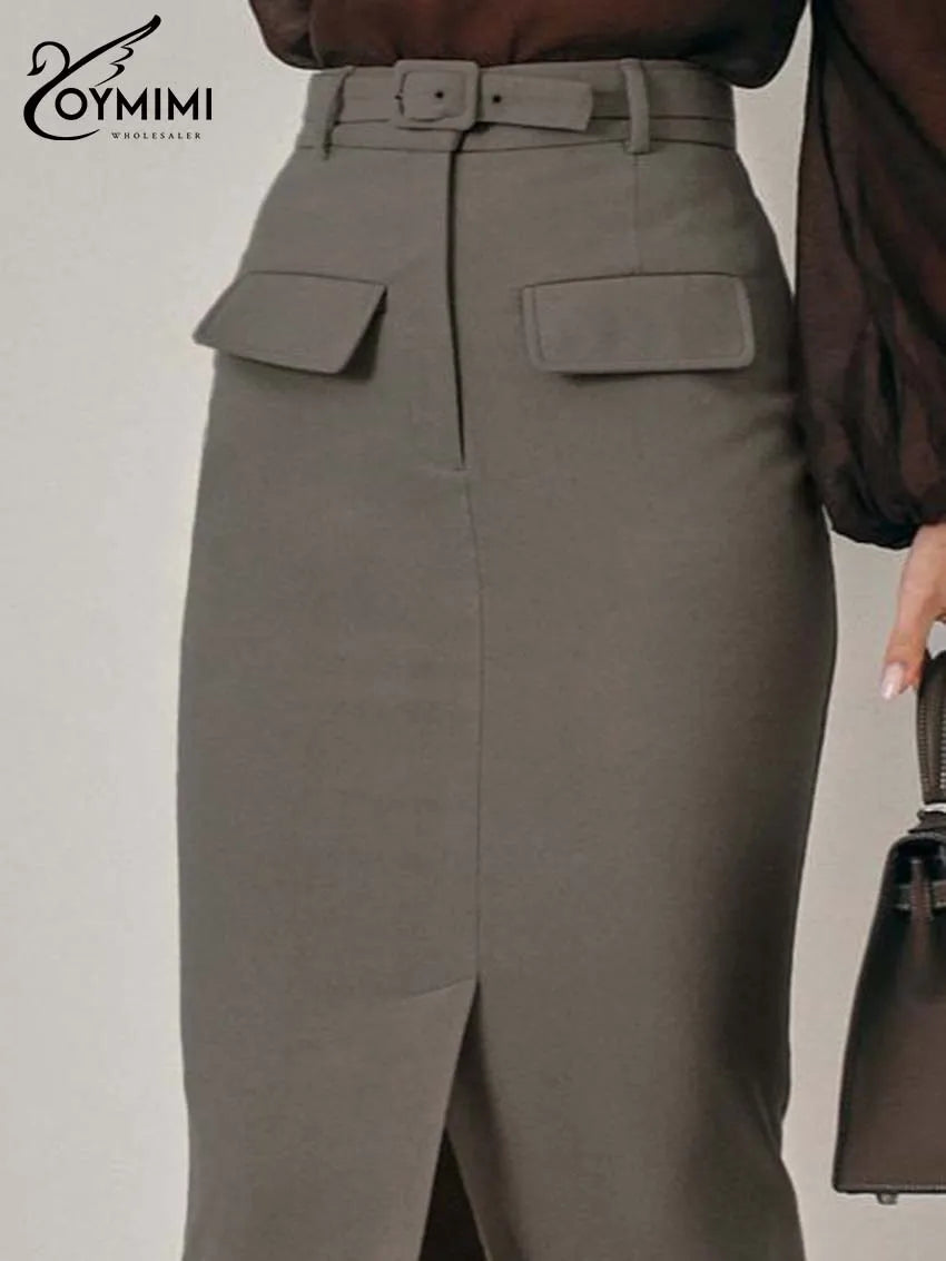 Oymimi Fashion Khaki Slim Skirts For Women Elegant High Waisted Zipper Solid Skirts Casual Pocket Straight Mid-Calf Skirt Female