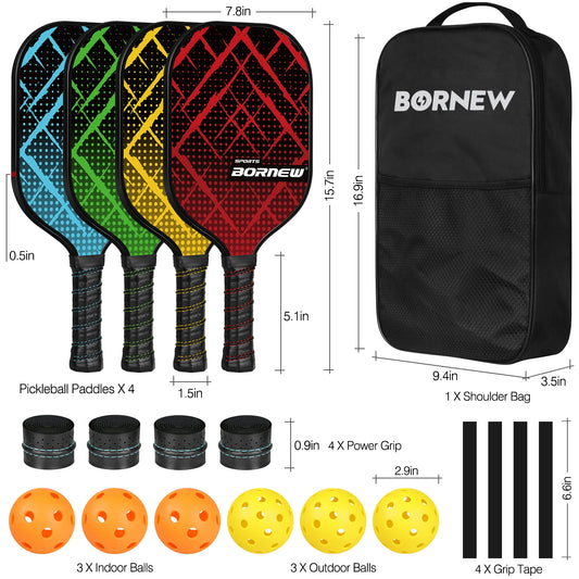 Pickleball Paddles Set of 4, Fiberglass Surface Pickleball Set with 6 Pickleball Balls, 4 Overgrip Lightweight for Beginners