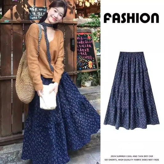 New Elegant Dark Blue Floral Women High-Waisted Retro Blue Floral Skirt Female A-line Skirt Casual Lazy Wind Long Skirt