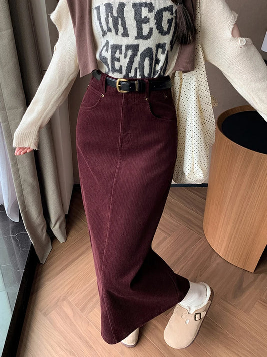 Vintage High Waist Winter Long Skirts For Women Elegant Office Wear Solid Corduroy Pencil Skirt With Belt Wrap Falads Largas
