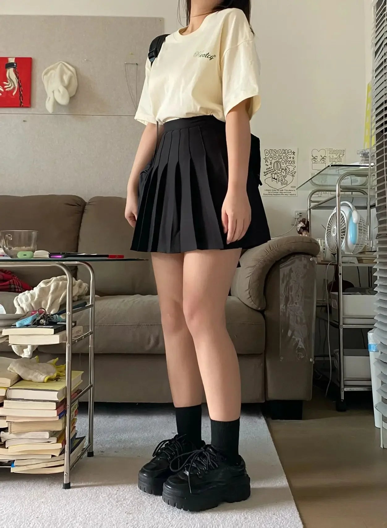 High-Waisted Slimming Pleated Mini Dress Plus Size Black Hip Covering A- Line Skirt Female Academic Style