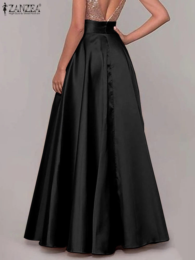 ZANZEA Bohemian Women Satin Silk Black Long Skirts Elegant Solid A-Line Party Jupes Femme Waist Zipper Oversized Casual Dresses