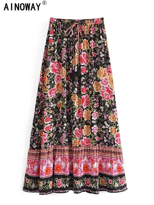 Vintage Summer Fashion Women Floral Print Beach Bohemian Pleated Skirt Beachwear Lady High Waist A-Line Rayon Boho Maxi Skirts