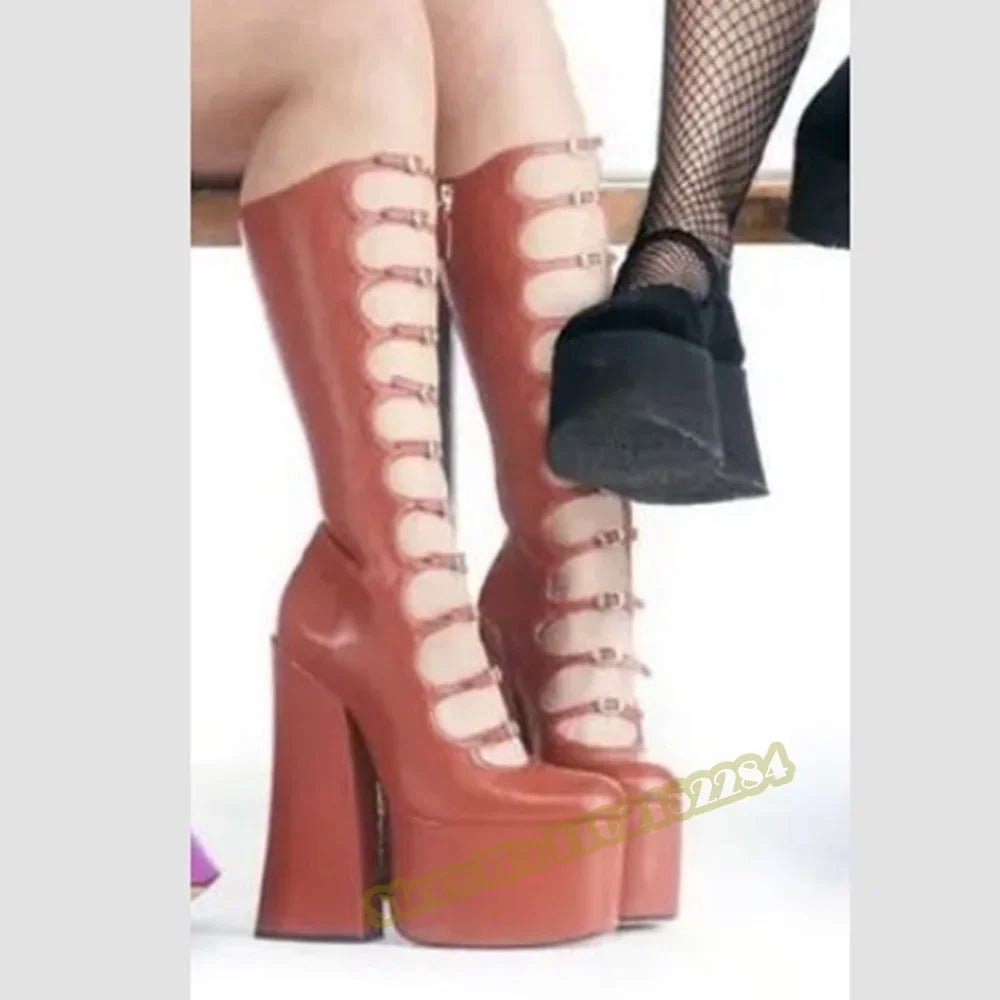 Crystal Bling Knee High Sandals Boots Thick Sole Platform Chunky High Heels Solid Buckles Straps Sandals Women Sexy Shoes Summer