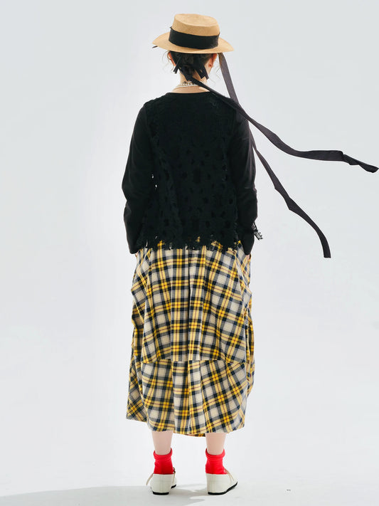 Yellow checkered skirt 2025 imakokoni original autumn Japanese color woven artistic pure cotton lantern skirt for women 255122