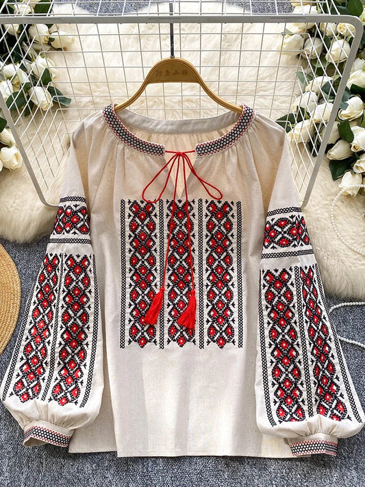 Women Autumn Blouse Bohemian Retro Ethnic Style Embroidered Shirt Loose Lantern Sleeve Top Female Pullovers 3 Colors BL246