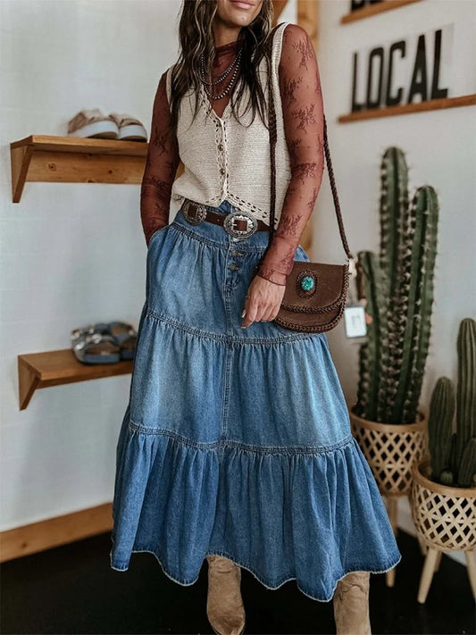 Womens A-Line Denim Long Skirts High Waist Ruffled Hem Midi Denim Skirt Stretchy Button Denim Maxi Skirt Streetwear