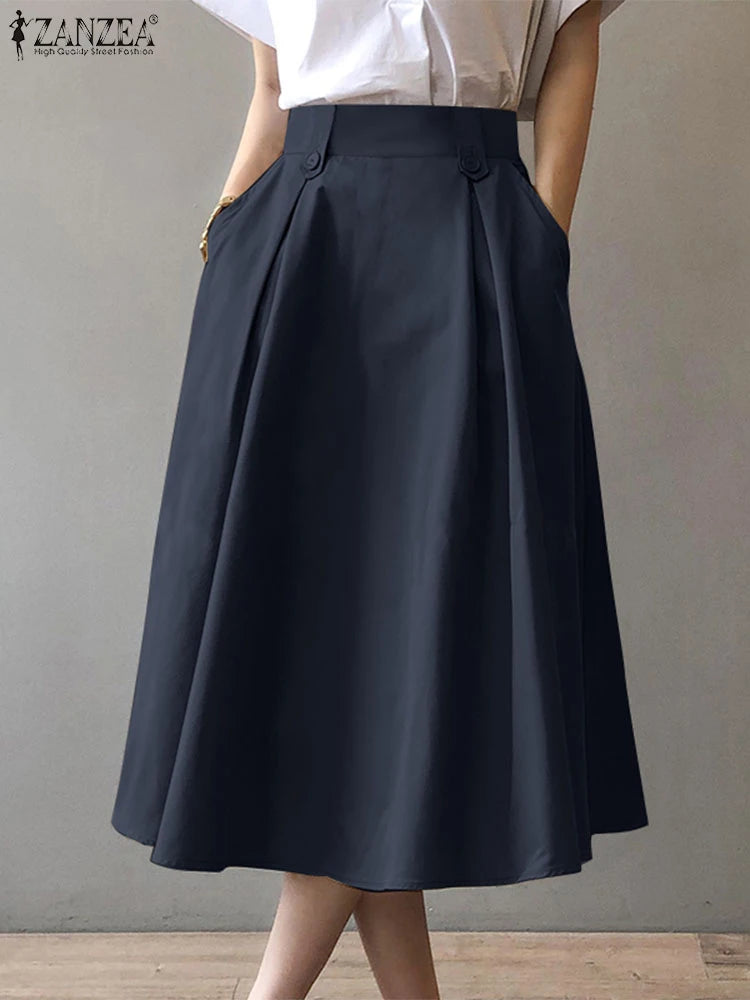 Women Elegant Office Work Skirts ZANZEA Autumn Summer High Waist Faldas Saia Jupe Casual Solid Midi Skirt Fashion Party Sundress