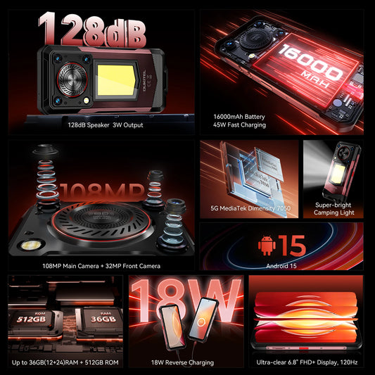 OUKITEL WP56 Rugged phone 16000mAh 45w 36GB+512GB 6.8“FHD 120Hz cell phone MTK7050 32MP+108MP android 15 smartphone