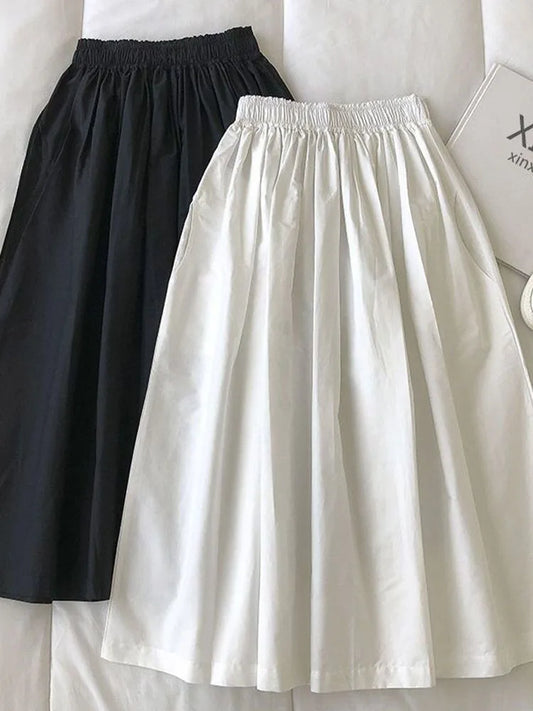 2025 New Casual Elegant High Waist A Line Skirts Women Solid Color Long Skirt Fashion Pockets Pleated Knee Length Skirts Autumn