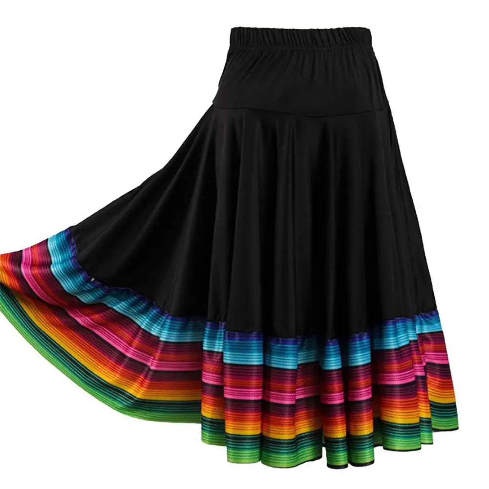 Midi Skirt Ladies Folk Dance Skirt Elastic High Waist Spanish Swing Skirt Rainbow Large Swing Hem Mexican Flamenco Dance Skirts