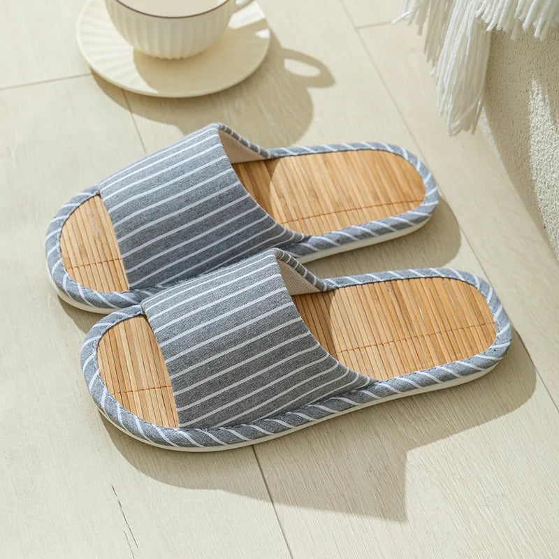 Striped Slippers Bamboo Women Autumn Home Couples Indoor House Non Slip Funny Sandals Shoes Male Soft Flat Summer For Tatami