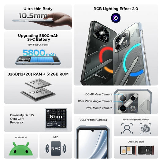 World Premiere DOOGEE Blade GT Pro 5G Rugged Phone LED Light Effect 12GB 512GB 10.5mm Ultra-thin 100MP AI Camera 5800mAh Battery
