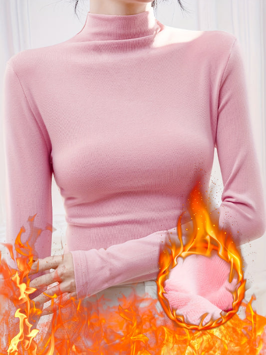 Simple Solid Thermal Underwear, Soft & Comfortable Half Turtleneck Long Sleeve Top, Women's Lingerie & Sleepwear