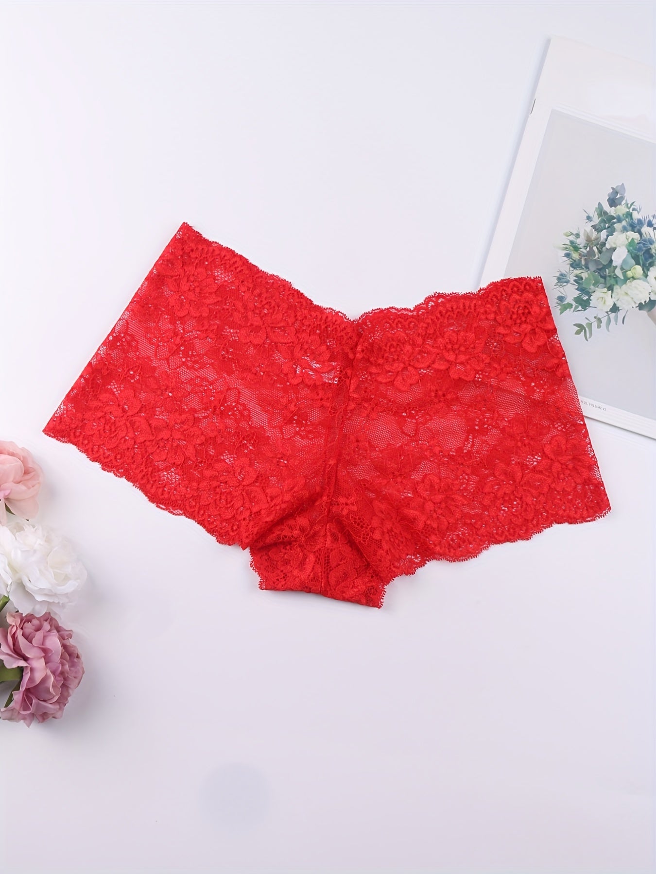 6pcs Floral Lace Boyshort Panties, Soft & Comfortable Scallop Trim Panties, Women's Lingerie & Underwear