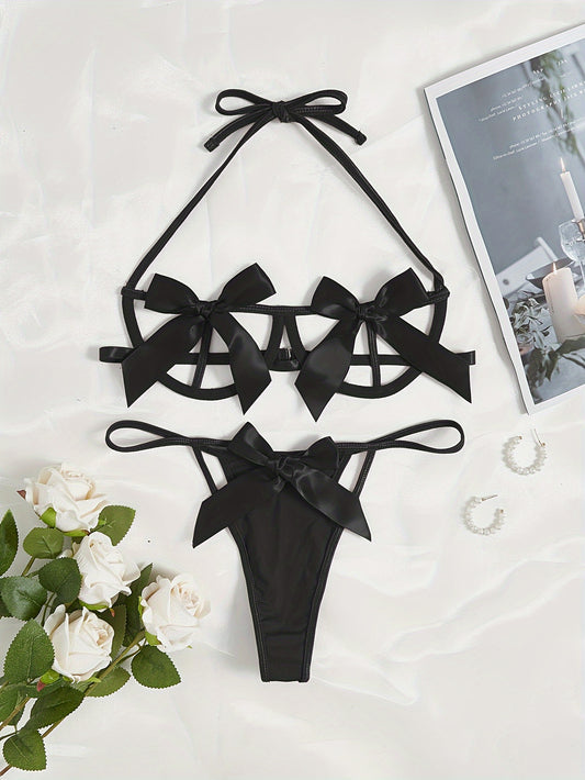 Seductive Lingerie Set - Alluring Halter Neck Strappy Bra with Adjustable Straps, Sultry Cut Out Thong with Revealing Design - Designed for Women, Exuding Sensuality and Confidence, Luxurious Lingerie for Intimate Moments, Co