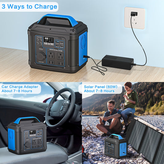 Portable Power Station, 300W 296Wh Solar Generator Quick Charge/ 110V AC Outlets/DC Ports And LED Flashlight, Lithium Battery Backup For Home Outdoor Travel Camping Blackout Blue
