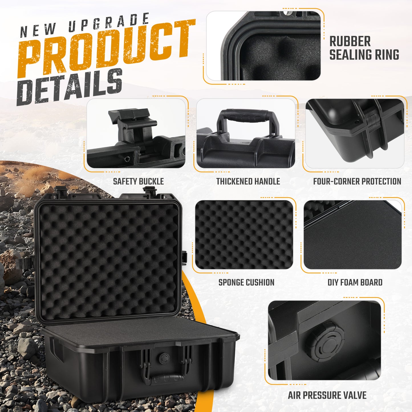 18.9x16.5x8.7 Inch Hard Case, Portable Weather Waterproof Protective Camera Case With Customizable Foam, Fit Use Of Drones, Camera, Equipments, Black, Upgraded