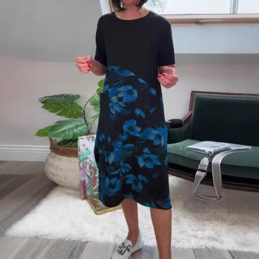 European And American Style Fashionable Patchwork Printed Crew-Neck Midi Dress