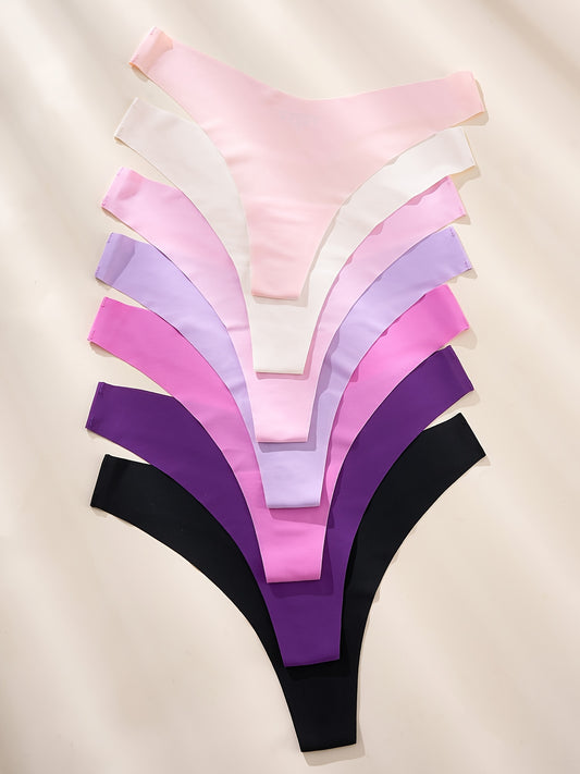 7pcs Seamless Solid Thongs, Soft & Comfy Stretchy Intimates Panties, Women's Lingerie & Underwear