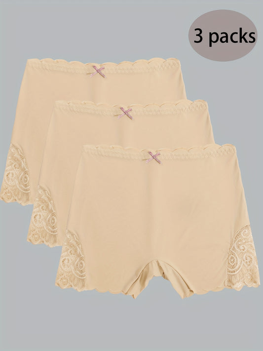 3pcs Contrast Lace Boyshort Panties, Seamless Scallop Trim Bow Tie Panties, Women's Lingerie & Underwear