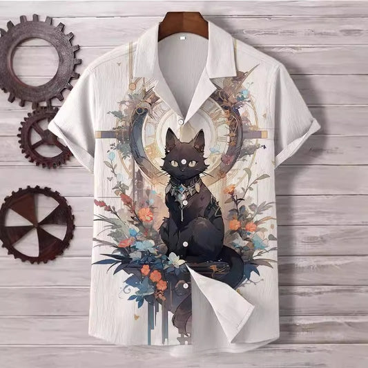 Comfortable Four-Way Stretch Wave-Print Short-Sleeve Cuban-Neck Shirt