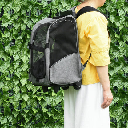 PawHut Pet Travel Backpack Bag Cat Puppy Dog Carrier W/ Trolley And Telescopic Handle Portable Stroller Wheel Luggage Bag (Grey)