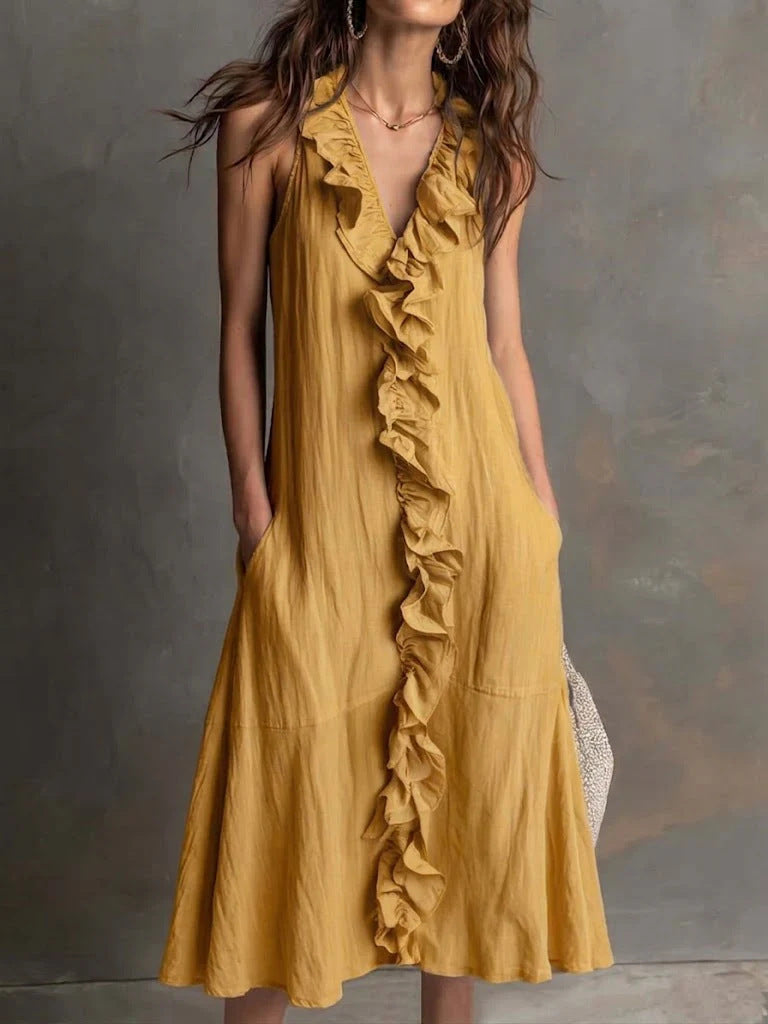 Solid-color Sleeveless Cotton-Linen V-Neck Maxi Dress With Ruffled Hem