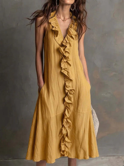 Solid-color Sleeveless Cotton-Linen V-Neck Maxi Dress With Ruffled Hem