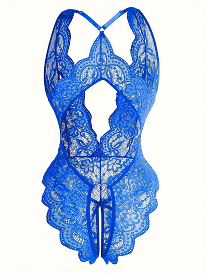 Sultry Floral Lace Bodysuit - High-Elasticity, Semi-Sheer, Scallop Trim, Backless, Open Crotch, Hand Wash Only, Sexy Womens Lingerie & Underwear for Adults - Knit Fabric, Bodystocking Stocking