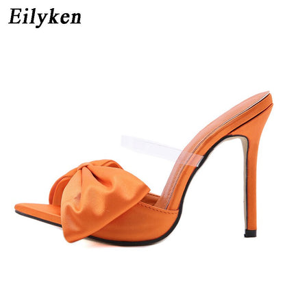New Fashion Bowknot Women's Slippers Pointed Toe Thin High Heels Summer Elegant Dress Party Ladies Slides Pumps Shoes
