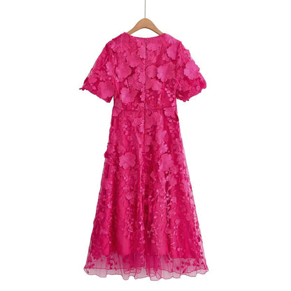 Three dimensional flower V-neck short sleeved long dress