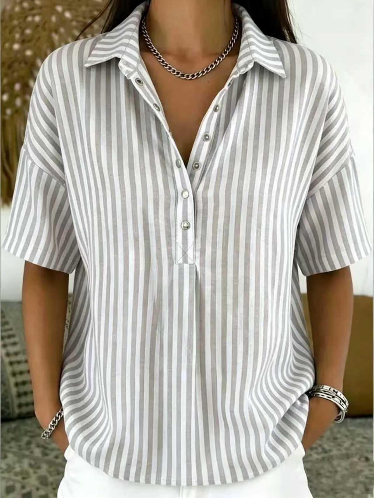 Women's Fashion Casual Striped Short-Sleeve Shirt With Lapel Collar