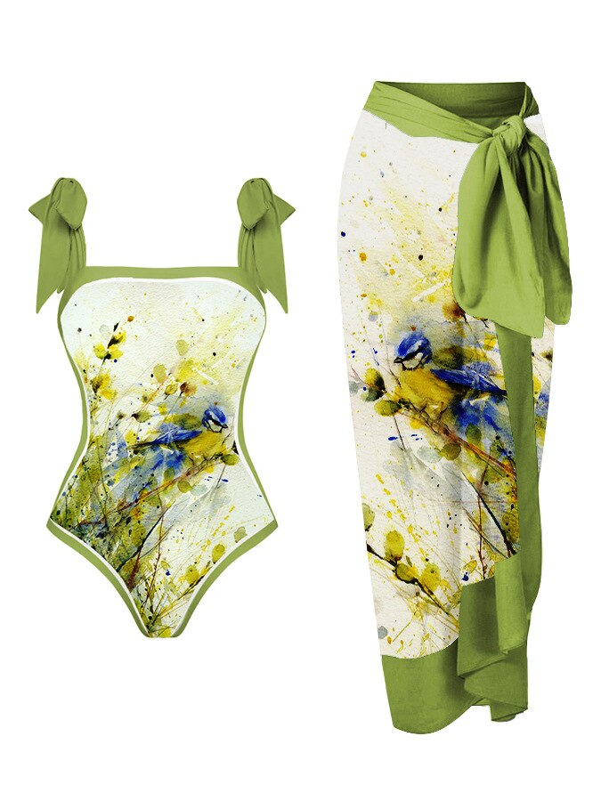 New Swimwear Set Multicolor Printed Chiffon Long Skirt One-Piece Sunscreen Swimsuit Beachwear Cover Up Bikini Bathing Suits