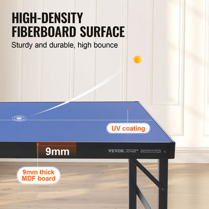 Ping Pong Table, Mid-Size Table Tennis Game, Indoor MDF Table Tennis Table, Foldable Portable Complete Ping Pong Table Set With Net, 2 Paddles, 3 Balls, Carry Bag, Handle (No Assembly Required)