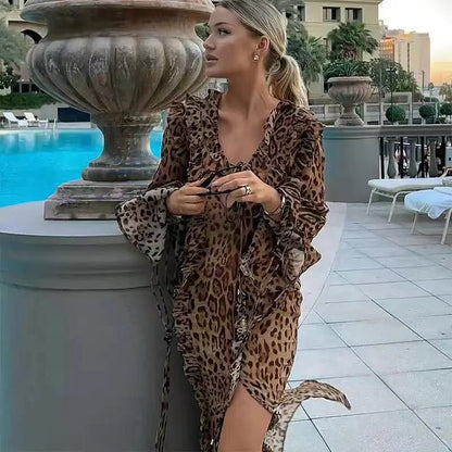 Leopard Print Dress Ruffled Front Slit Long Sleeve Skirt