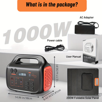 Portable Solar Generator 1000W with 200W Solar Panel - 1075Wh Lithium Battery Power Bank, 60W USB-C PD Fast, 120V AC Outlet & 2000W Peak Output - Backup for Camping, Home, Emergencies, RV, Off-Grid (Solar Panel