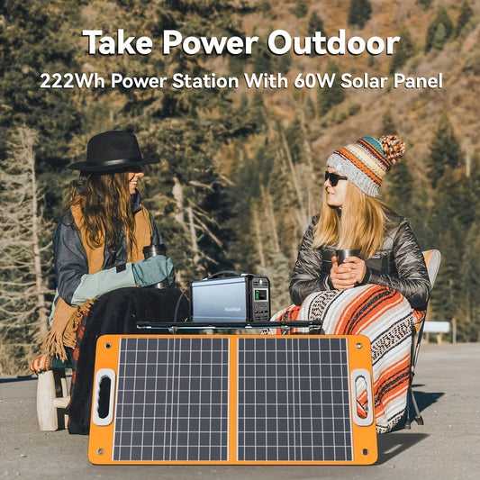 300W Solar Generator, FlashFish 60000mAh Portable Power Station Camping Potable Generator With 60W 18V Portable Solar Panel, Flashfish Foldable Solar Charger With 5V USB 18V DC Output