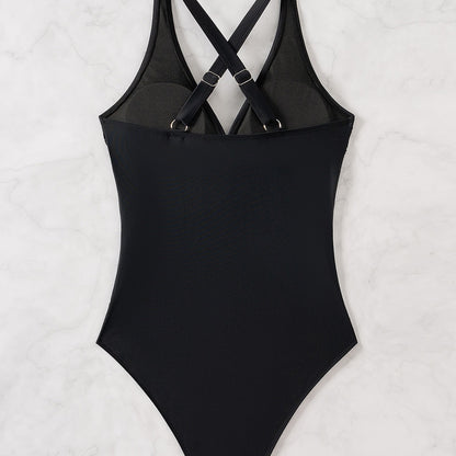 Solid Color Crossed Slimming Sexy High-Waist One-Piece Bikini Swimsuit for Women